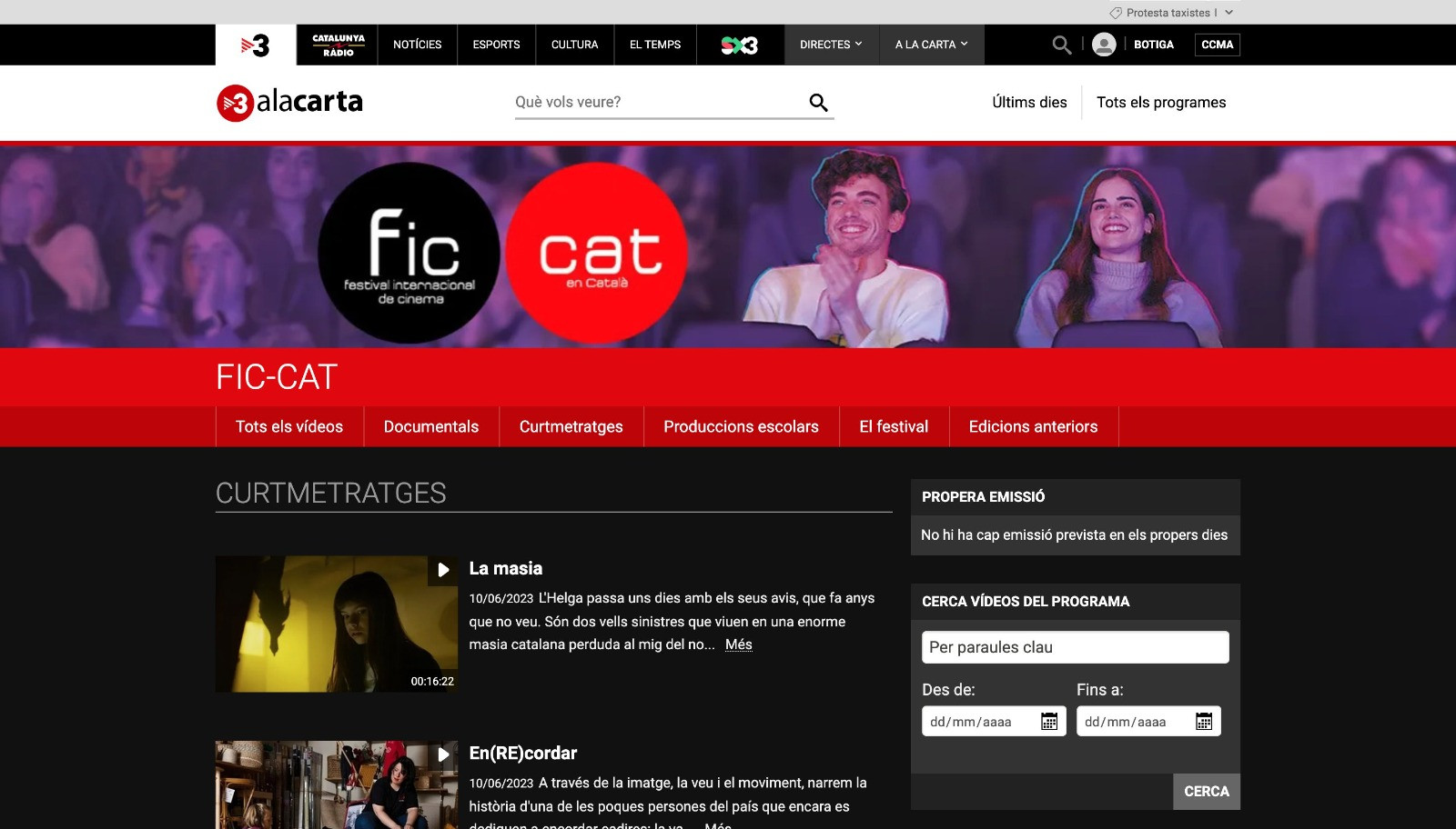 Més de 12.000 espectadors gaudeixen del FIC-CAT a través de TV3 a la Carta